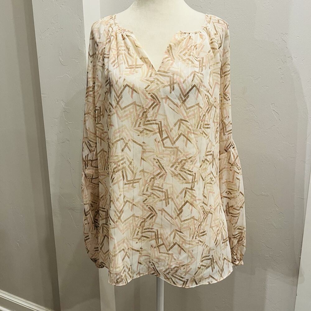 White House Black Market Women's 12 Brookside Pink Cream Print Blouse (A0127)